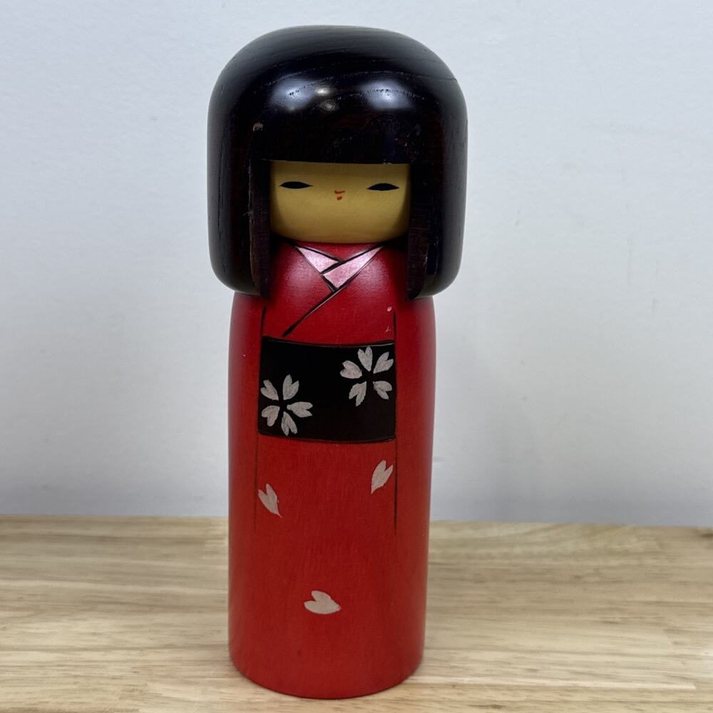 Wooden Original Japanese KOKESHI Doll 7"H Girl Haregi Red Sakura Floral